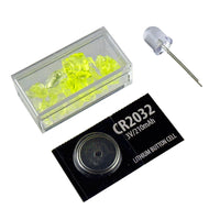 G28583 ^+ Box of Tiny Green Vaseline Glass Cullets with UV LED and Coin Battery