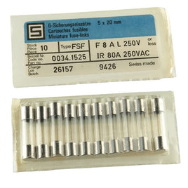 G25971 ` (Pkg 20) F8AL250V 5 x 20mm 8Amp Fast Blow Glass Fuse