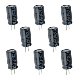 G29879 ~ (Pkg 8) Compact 220uF 16V 105°C Radial Electrolytic Capacitor