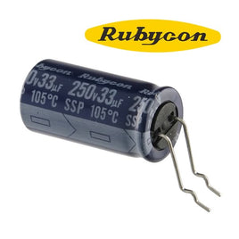 G25393 - (Pkg 5) Rubycon 33uF 250V Horizontal Mount Electrolytic Capacitor